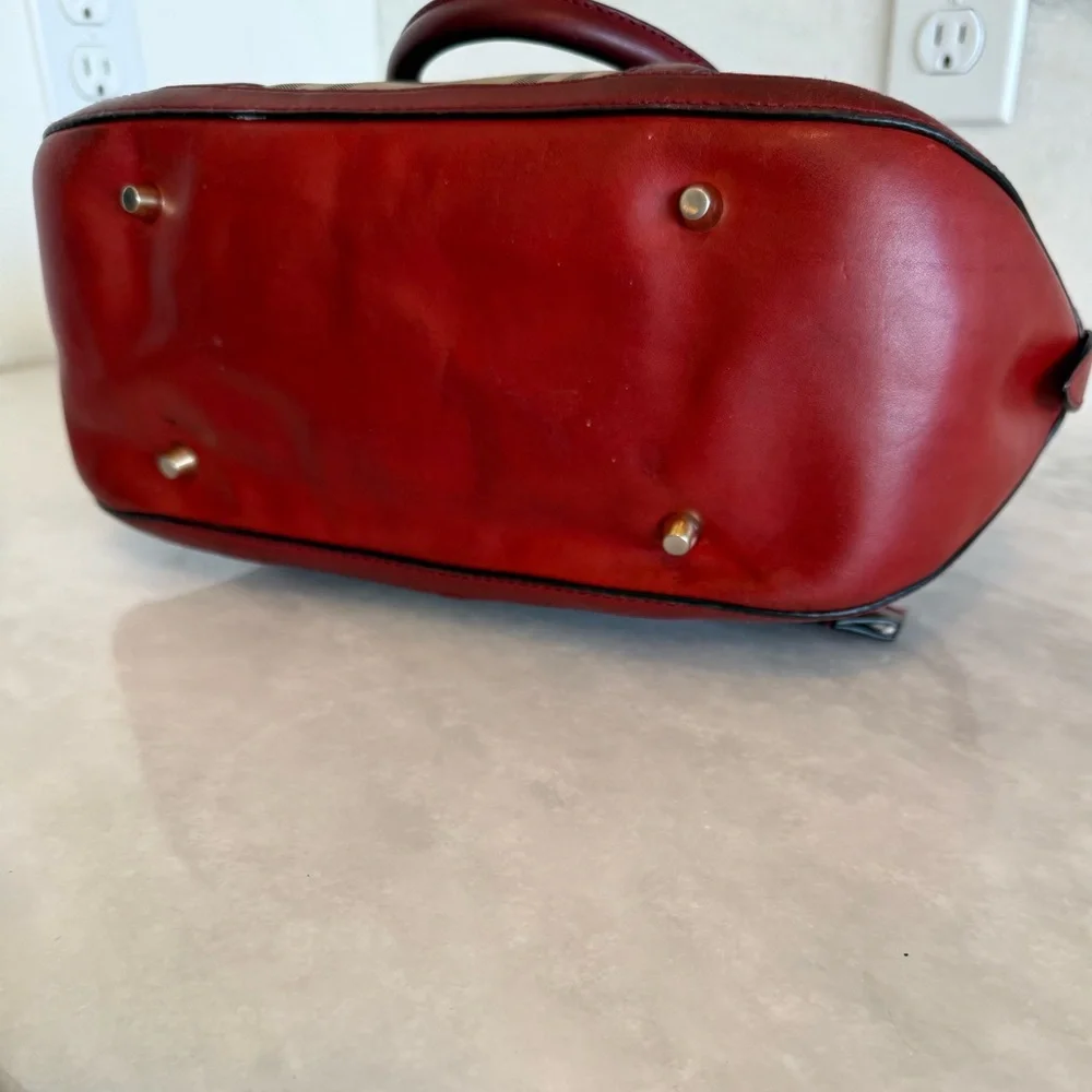 BURBERRY Vintage Haymarket Check Satchel with Red Leather Trim Handbag - Picture 8 of 17